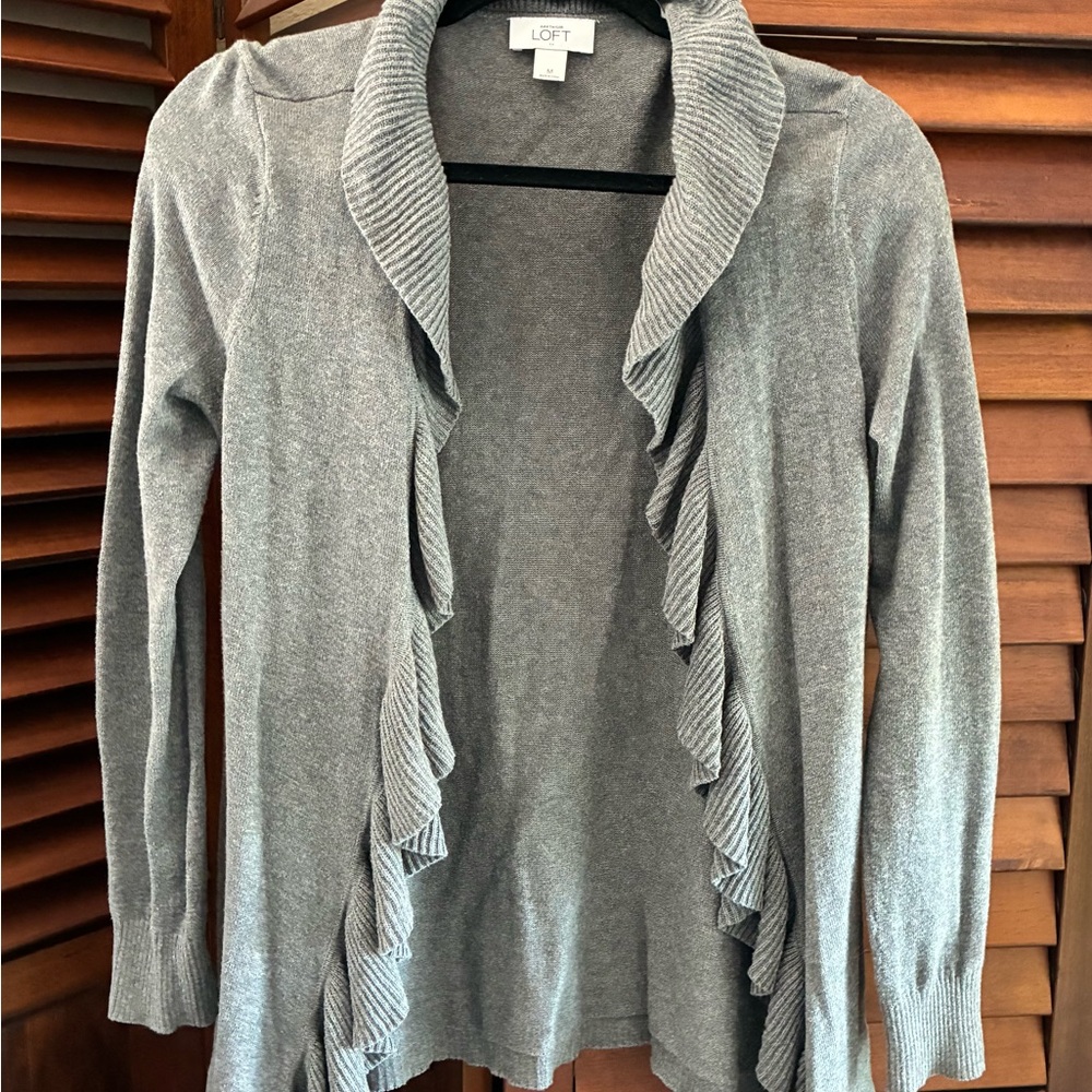 LOFT Women's Gray Ruffle Cardigan Sweater size M